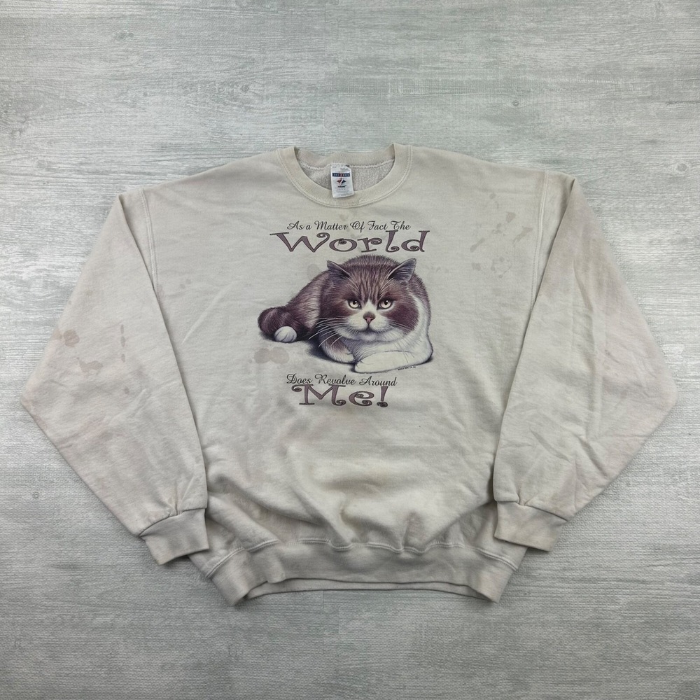Vintage 90s Cat Sweatshirt Size Large White The World Revolves Around Me Crew